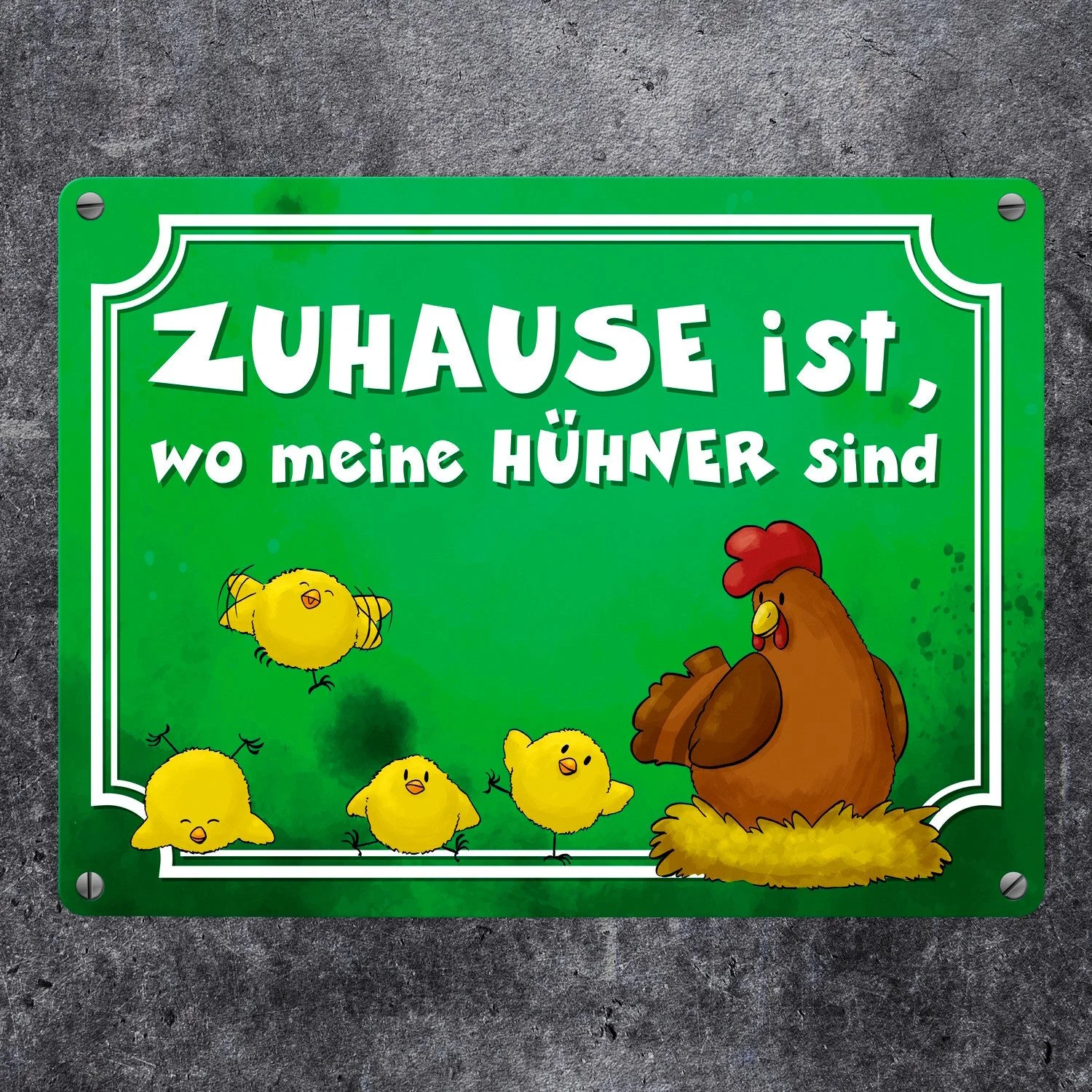 Metallschild „Zuhause ist, wo meine Hühner sind“ – 15×20 cm
